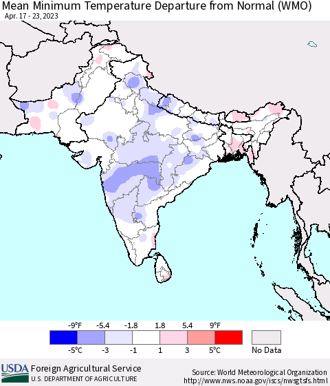 Southern Asia Mean Minimum Temperature Departure from Normal (WMO) Thematic Map For 4/17/2023 - 4/23/2023