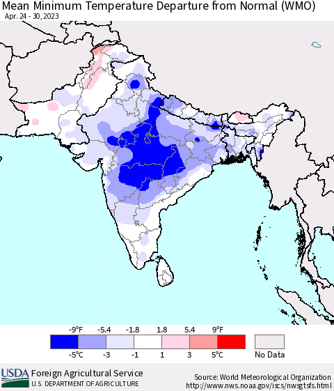 Southern Asia Mean Minimum Temperature Departure from Normal (WMO) Thematic Map For 4/24/2023 - 4/30/2023