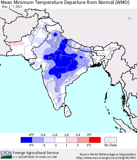 Southern Asia Mean Minimum Temperature Departure from Normal (WMO) Thematic Map For 5/1/2023 - 5/7/2023