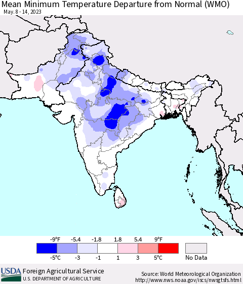Southern Asia Mean Minimum Temperature Departure from Normal (WMO) Thematic Map For 5/8/2023 - 5/14/2023