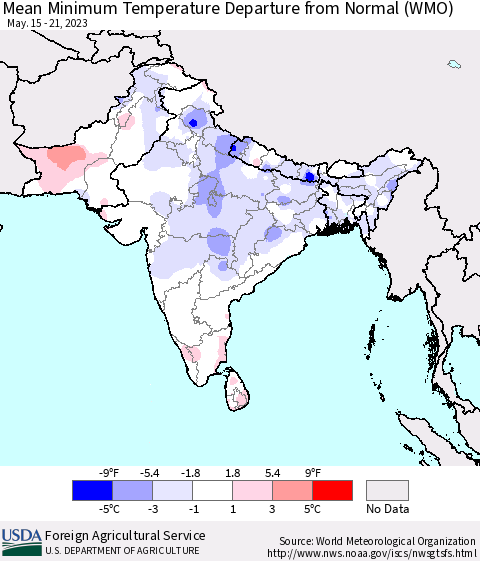 Southern Asia Mean Minimum Temperature Departure from Normal (WMO) Thematic Map For 5/15/2023 - 5/21/2023