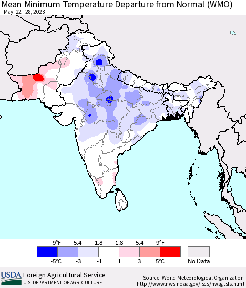 Southern Asia Mean Minimum Temperature Departure from Normal (WMO) Thematic Map For 5/22/2023 - 5/28/2023