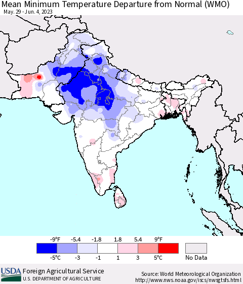 Southern Asia Mean Minimum Temperature Departure from Normal (WMO) Thematic Map For 5/29/2023 - 6/4/2023