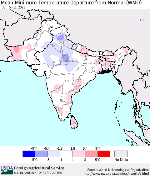 Southern Asia Mean Minimum Temperature Departure from Normal (WMO) Thematic Map For 6/5/2023 - 6/11/2023