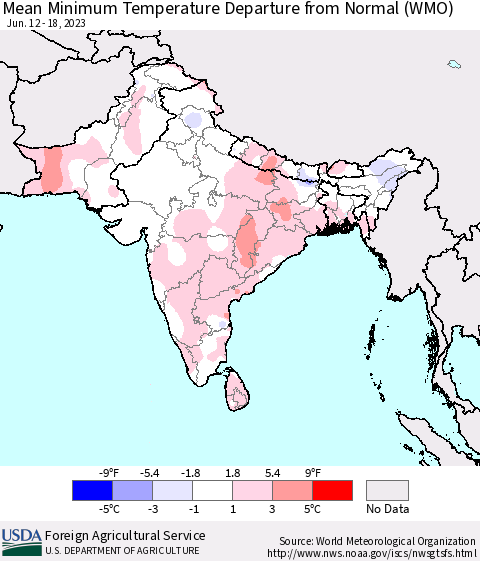 Southern Asia Mean Minimum Temperature Departure from Normal (WMO) Thematic Map For 6/12/2023 - 6/18/2023