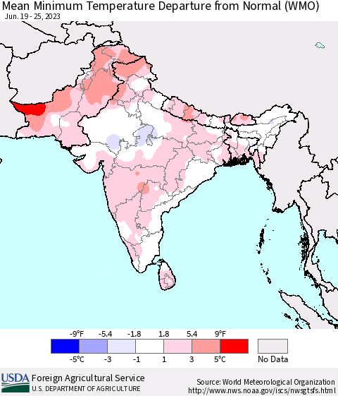 Southern Asia Mean Minimum Temperature Departure from Normal (WMO) Thematic Map For 6/19/2023 - 6/25/2023