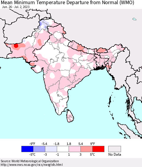 Southern Asia Mean Minimum Temperature Departure from Normal (WMO) Thematic Map For 6/26/2023 - 7/2/2023
