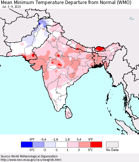 Southern Asia Mean Minimum Temperature Departure from Normal (WMO) Thematic Map For 7/3/2023 - 7/9/2023