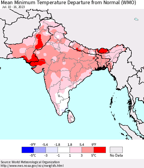 Southern Asia Mean Minimum Temperature Departure from Normal (WMO) Thematic Map For 7/10/2023 - 7/16/2023