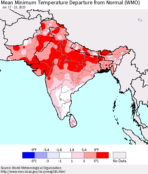 Southern Asia Mean Minimum Temperature Departure from Normal (WMO) Thematic Map For 7/17/2023 - 7/23/2023