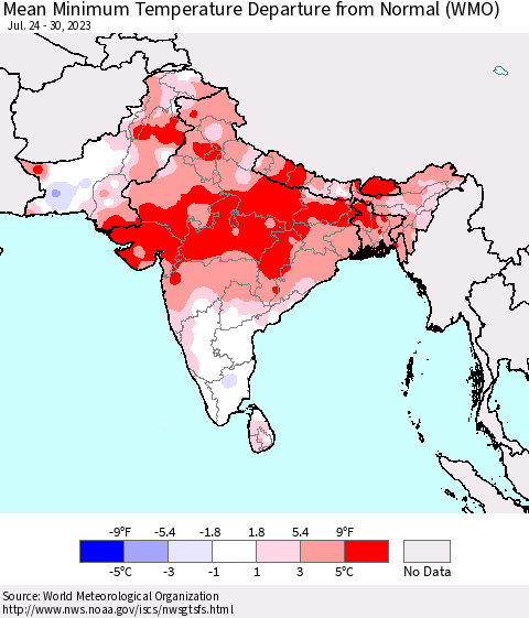 Southern Asia Mean Minimum Temperature Departure from Normal (WMO) Thematic Map For 7/24/2023 - 7/30/2023