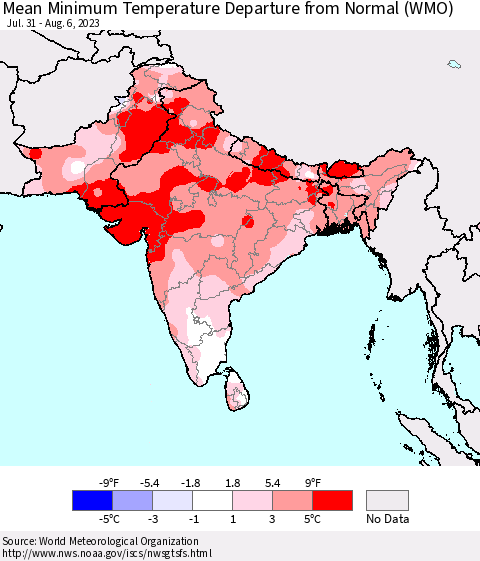 Southern Asia Mean Minimum Temperature Departure from Normal (WMO) Thematic Map For 7/31/2023 - 8/6/2023