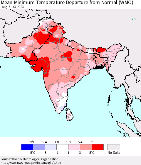 Southern Asia Mean Minimum Temperature Departure from Normal (WMO) Thematic Map For 8/7/2023 - 8/13/2023