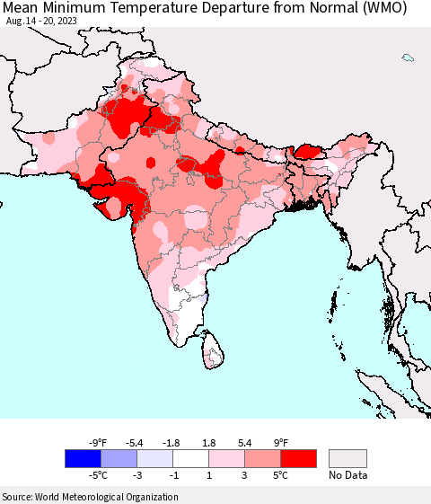 Southern Asia Mean Minimum Temperature Departure from Normal (WMO) Thematic Map For 8/14/2023 - 8/20/2023