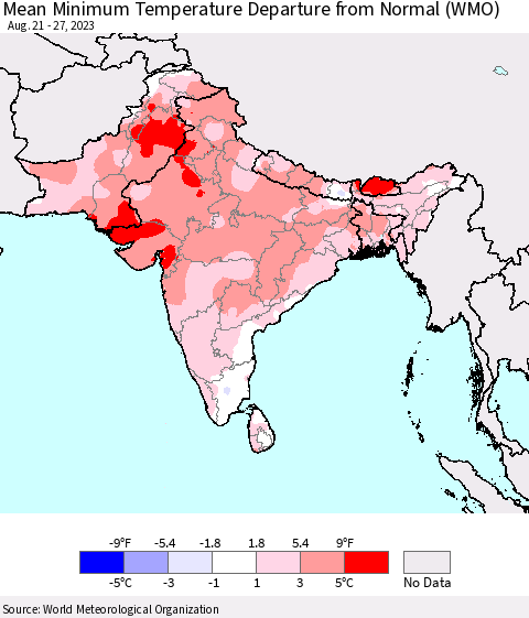 Southern Asia Mean Minimum Temperature Departure from Normal (WMO) Thematic Map For 8/21/2023 - 8/27/2023