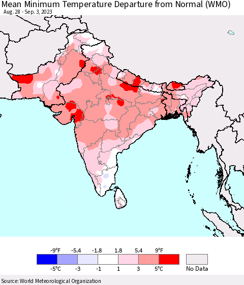 Southern Asia Mean Minimum Temperature Departure from Normal (WMO) Thematic Map For 8/28/2023 - 9/3/2023