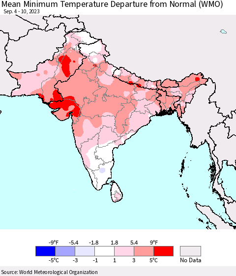 Southern Asia Mean Minimum Temperature Departure from Normal (WMO) Thematic Map For 9/4/2023 - 9/10/2023