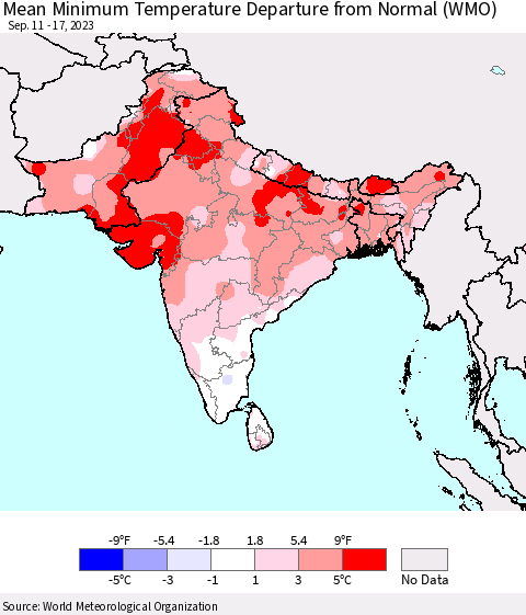 Southern Asia Mean Minimum Temperature Departure from Normal (WMO) Thematic Map For 9/11/2023 - 9/17/2023