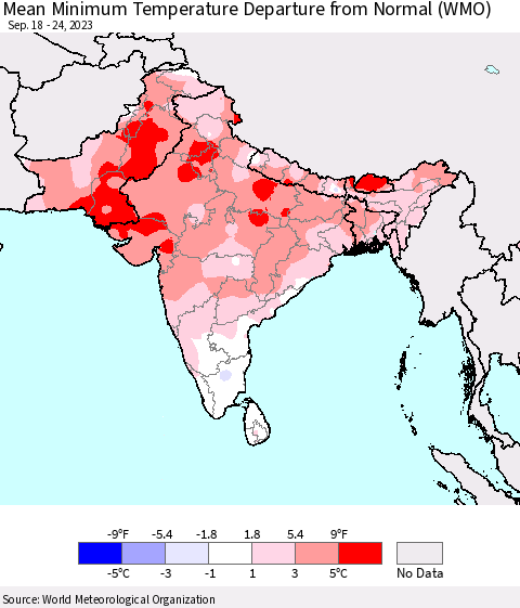 Southern Asia Mean Minimum Temperature Departure from Normal (WMO) Thematic Map For 9/18/2023 - 9/24/2023