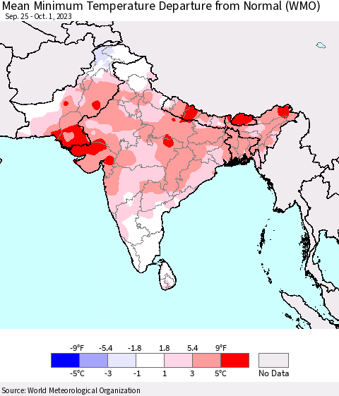 Southern Asia Mean Minimum Temperature Departure from Normal (WMO) Thematic Map For 9/25/2023 - 10/1/2023