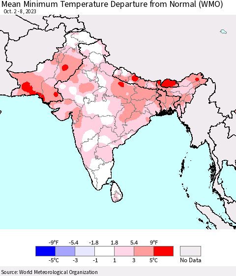 Southern Asia Mean Minimum Temperature Departure from Normal (WMO) Thematic Map For 10/2/2023 - 10/8/2023