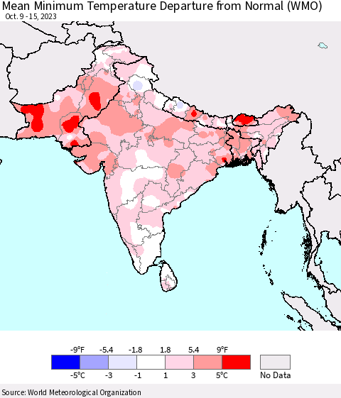 Southern Asia Mean Minimum Temperature Departure from Normal (WMO) Thematic Map For 10/9/2023 - 10/15/2023