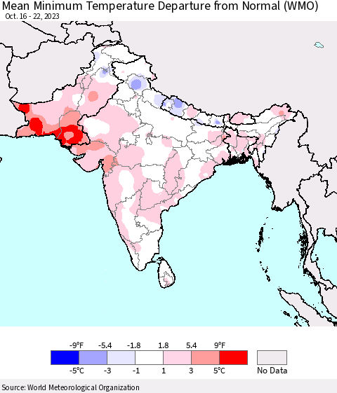 Southern Asia Mean Minimum Temperature Departure from Normal (WMO) Thematic Map For 10/16/2023 - 10/22/2023