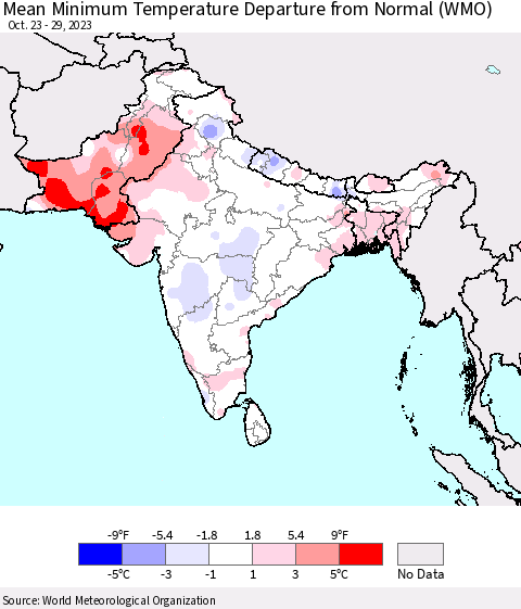 Southern Asia Mean Minimum Temperature Departure from Normal (WMO) Thematic Map For 10/23/2023 - 10/29/2023