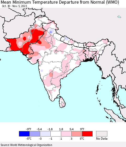 Southern Asia Mean Minimum Temperature Departure from Normal (WMO) Thematic Map For 10/30/2023 - 11/5/2023