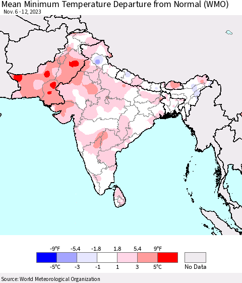 Southern Asia Mean Minimum Temperature Departure from Normal (WMO) Thematic Map For 11/6/2023 - 11/12/2023