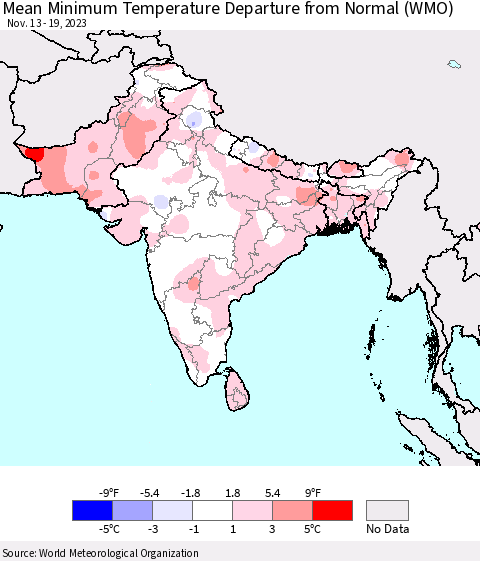 Southern Asia Mean Minimum Temperature Departure from Normal (WMO) Thematic Map For 11/13/2023 - 11/19/2023