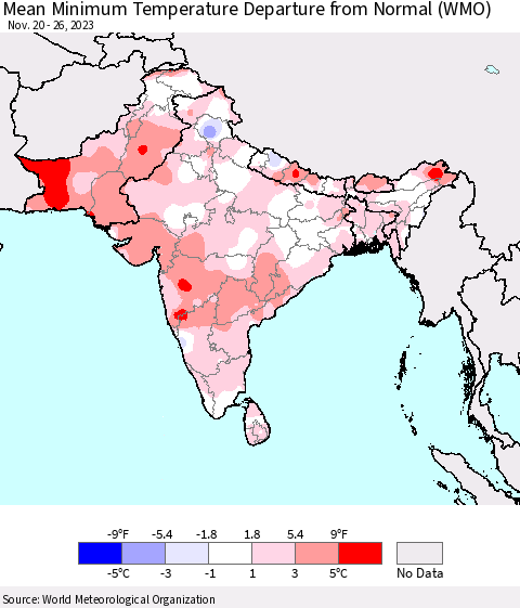 Southern Asia Mean Minimum Temperature Departure from Normal (WMO) Thematic Map For 11/20/2023 - 11/26/2023
