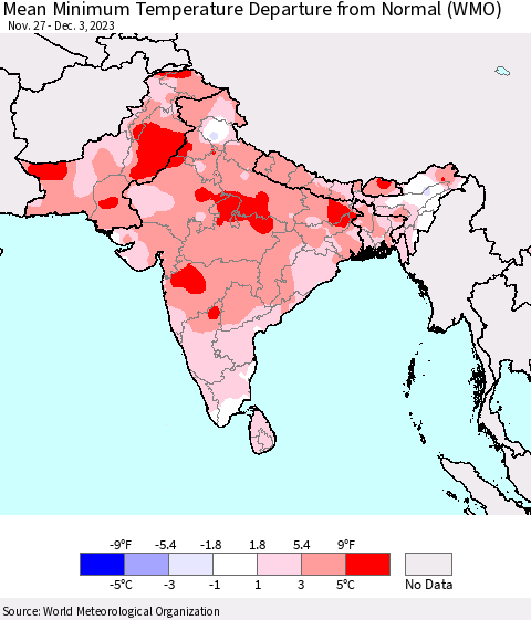 Southern Asia Mean Minimum Temperature Departure from Normal (WMO) Thematic Map For 11/27/2023 - 12/3/2023