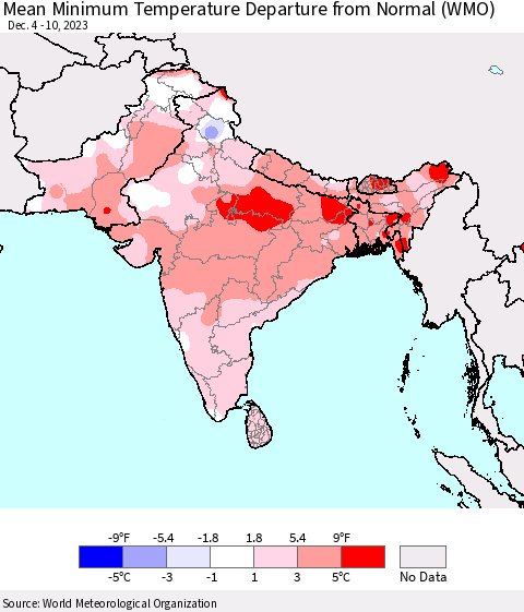 Southern Asia Mean Minimum Temperature Departure from Normal (WMO) Thematic Map For 12/4/2023 - 12/10/2023