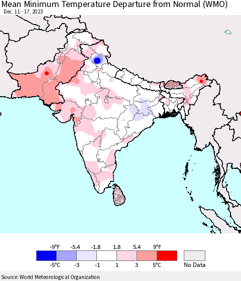 Southern Asia Mean Minimum Temperature Departure from Normal (WMO) Thematic Map For 12/11/2023 - 12/17/2023