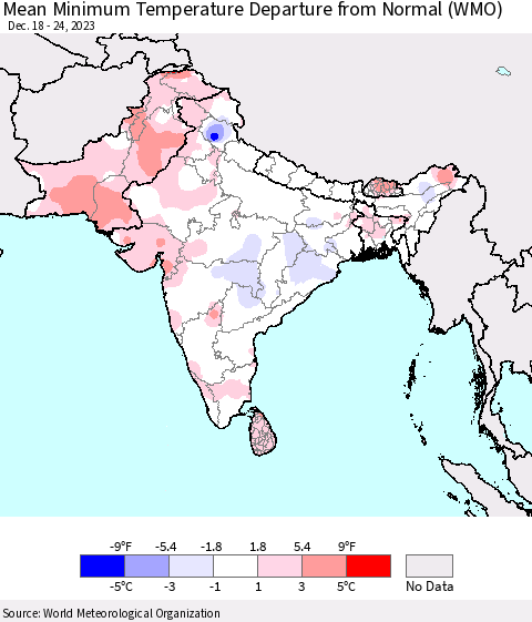 Southern Asia Mean Minimum Temperature Departure from Normal (WMO) Thematic Map For 12/18/2023 - 12/24/2023
