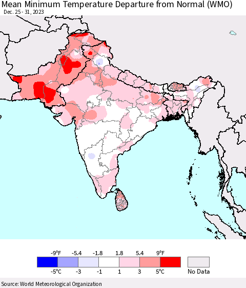 Southern Asia Mean Minimum Temperature Departure from Normal (WMO) Thematic Map For 12/25/2023 - 12/31/2023