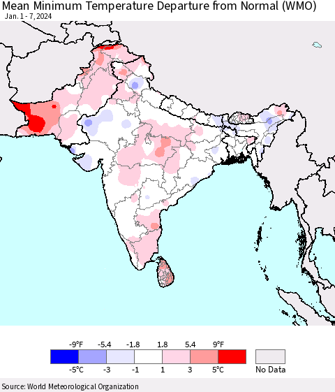 Southern Asia Mean Minimum Temperature Departure from Normal (WMO) Thematic Map For 1/1/2024 - 1/7/2024