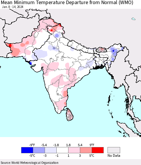 Southern Asia Mean Minimum Temperature Departure from Normal (WMO) Thematic Map For 1/8/2024 - 1/14/2024