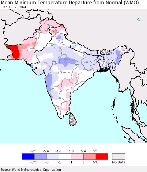 Southern Asia Mean Minimum Temperature Departure from Normal (WMO) Thematic Map For 1/15/2024 - 1/21/2024