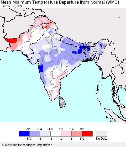 Southern Asia Mean Minimum Temperature Departure from Normal (WMO) Thematic Map For 1/22/2024 - 1/28/2024