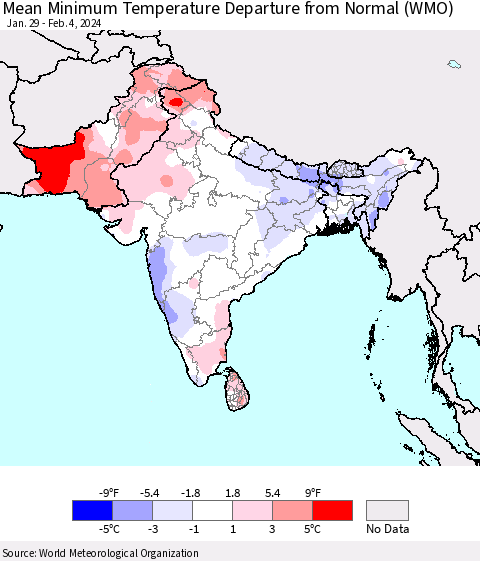 Southern Asia Mean Minimum Temperature Departure from Normal (WMO) Thematic Map For 1/29/2024 - 2/4/2024