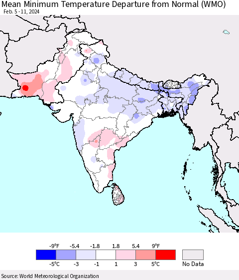 Southern Asia Mean Minimum Temperature Departure from Normal (WMO) Thematic Map For 2/5/2024 - 2/11/2024