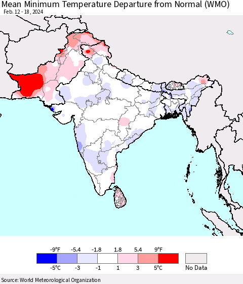 Southern Asia Mean Minimum Temperature Departure from Normal (WMO) Thematic Map For 2/12/2024 - 2/18/2024