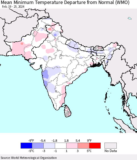 Southern Asia Mean Minimum Temperature Departure from Normal (WMO) Thematic Map For 2/19/2024 - 2/25/2024