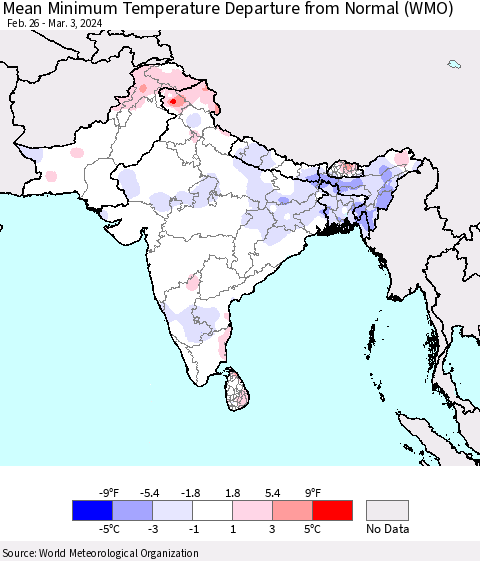 Southern Asia Mean Minimum Temperature Departure from Normal (WMO) Thematic Map For 2/26/2024 - 3/3/2024