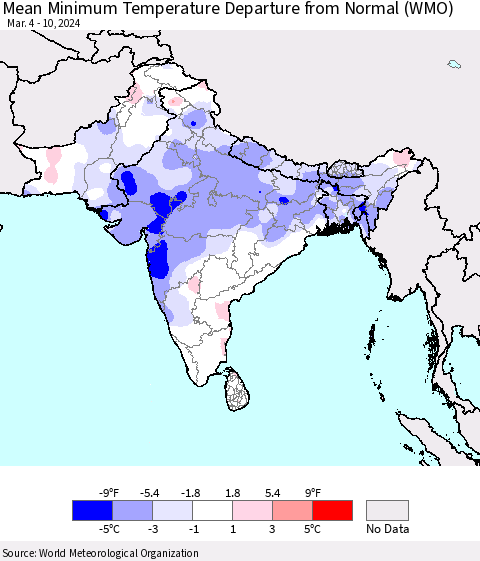 Southern Asia Mean Minimum Temperature Departure from Normal (WMO) Thematic Map For 3/4/2024 - 3/10/2024