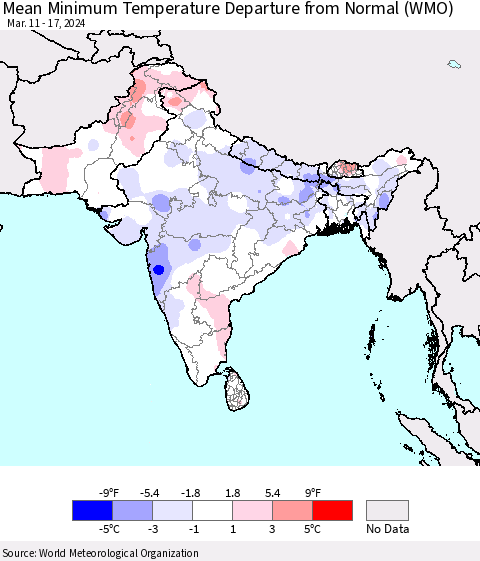 Southern Asia Mean Minimum Temperature Departure from Normal (WMO) Thematic Map For 3/11/2024 - 3/17/2024