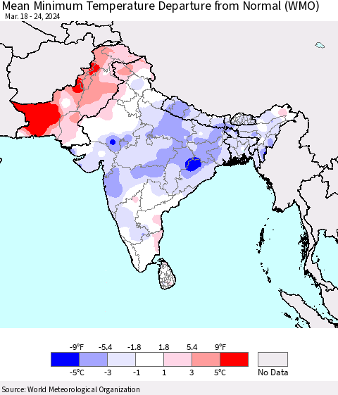 Southern Asia Mean Minimum Temperature Departure from Normal (WMO) Thematic Map For 3/18/2024 - 3/24/2024