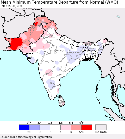 Southern Asia Mean Minimum Temperature Departure from Normal (WMO) Thematic Map For 3/25/2024 - 3/31/2024